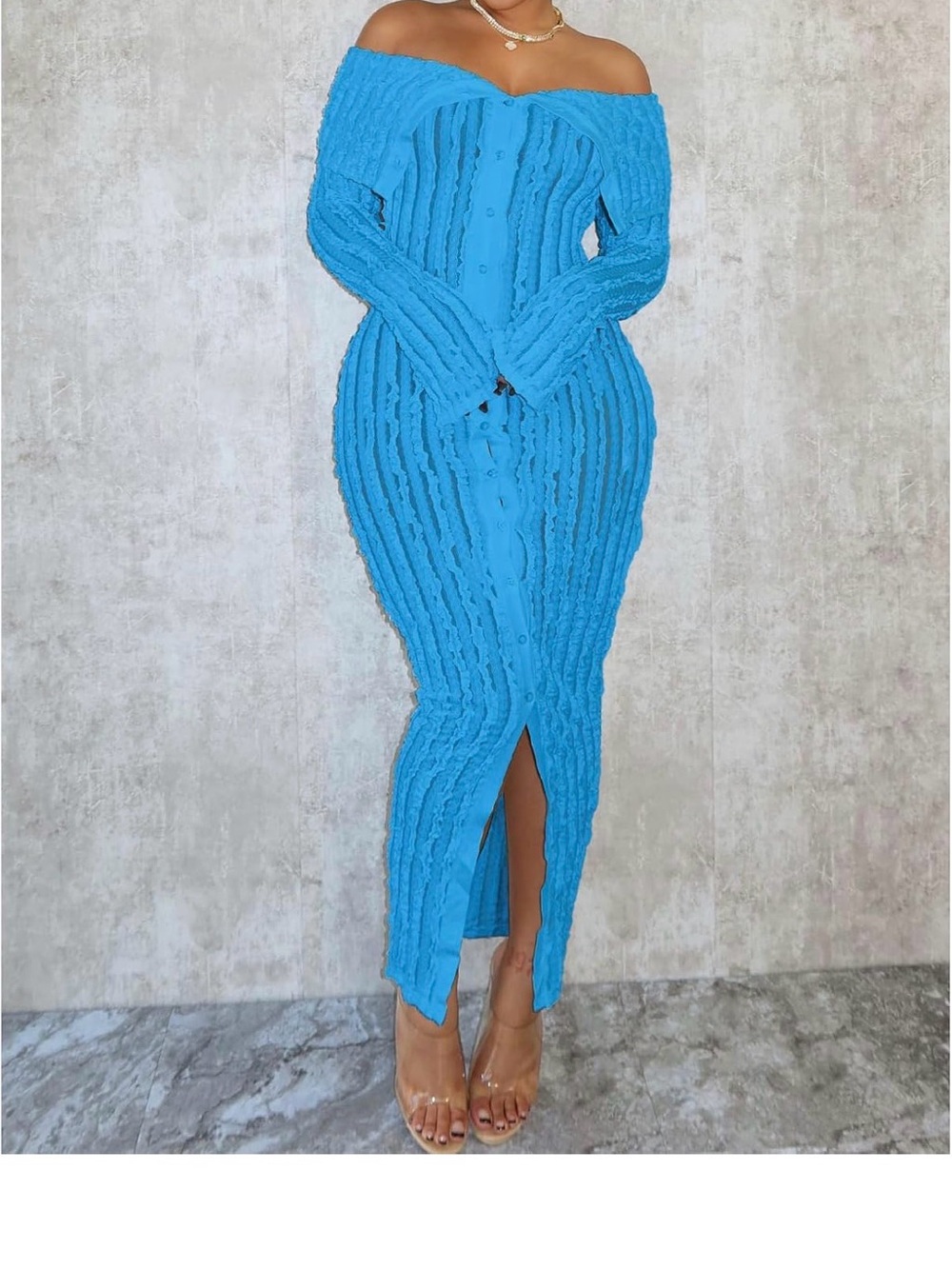 Off-Shoulder Textured Midi Dress in Bright Blue